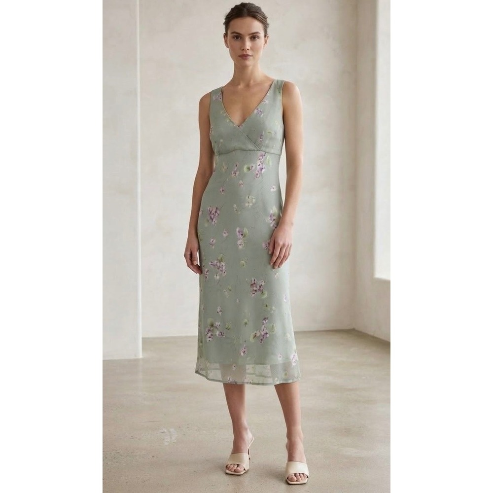Byer Too! Sheath Dress Women 13 Sage Green Floral Crushed Chiffon VTG Deadstock